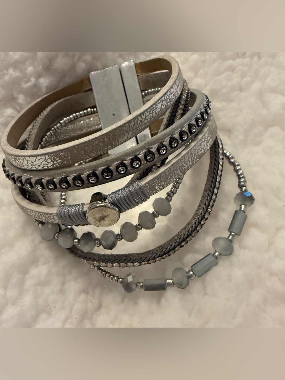 Buckle Gray Multi-Strand Wrap Bracelet with Mixed Beads